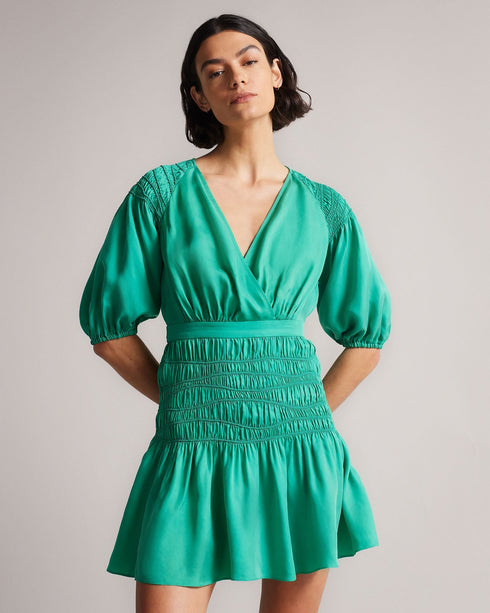 TALUNA-Dresses-It's All In The Details: Mini dress Shirred waist Short puff sleeves Wrap front 100% cupro- Ted Baker Romania